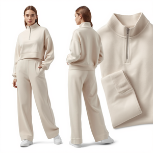 Unisex Hooded Quarter <b>Zip</b> Solid Breathable & Quick Dry Polyester/Cotton Cropped Sweatshirt and Wide Leg Jogger Set - Product Image 1
