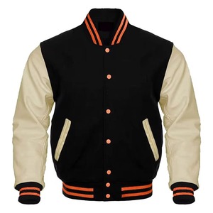 Chaqueta Varsity Negra y Crema para Hombre, Poliéster y Algodón, Corte Regular, Cuello Camisero, Cierre de Botones, Color Sólido, Ropa Casual de Otoño - Product Image 1