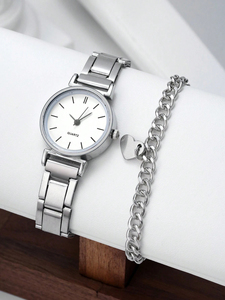 192008 Juego de 2 Relojes de Cuarzo de Acero Inoxidable Plateado para Pareja y Juego de 2 Pulseras Plateadas con Forma de Corazón a Juego - Product Image 6
