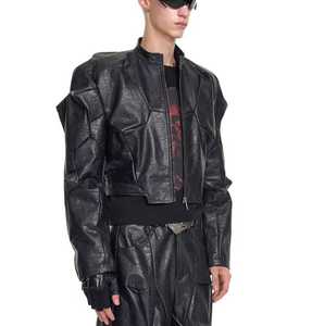 Veste en cuir véritable pour homme, style motard, col rabattu, fermeture éclair, patchwork embossé, coupe ajustée, longueur normale, printemps - Product Image 5