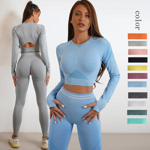 Women's Breathable Knitted Seamless Gym Yoga Set <b>Nude</b> Fitness Sports Crop with Long Sleeves Casual Print Style for Spring Season - Product Image 2
