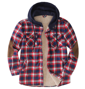 Chemise-veste en flanelle unisexe en coton avec doublure en polaire, à carreaux bleus et rouges et en velours, chaude pour l'hiver, à capuche - Product Image 2