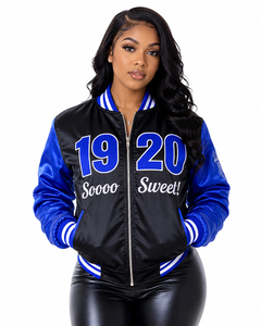 เสื้อแจ็คเก็ตบอมเบอร์ซาตินสีน้ำเงินรอยัล ของสมาคม Divine Nine organization ปี 1920 รุ่น So Sweet  สำหรับ Zeta Phi Beta แฟชั่นสตรีนักศึกษา - Product Image 3