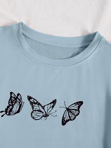 Camisetas de Manga Corta con Cuello Redondo, Holgadas, de Color Azul Claro para Mujer, 100% Algodón Jersey, para Todas las Temporadas - Product Image 4