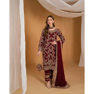 Fancy Embroidery and Stone Hand Work Brown 2XL HK Salwar Kameez <b>Top</b>-Bottom with Dupatta for <b>Weddings</b> - Product Image 2