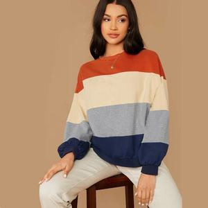 <b>Womens</b> Color Block Rust Beige Grey <b>Navy</b> Blue Striped Crew Neck Long Sleeve Sweatshirt OEM ODM Wholesale Apparel - Product Image 1