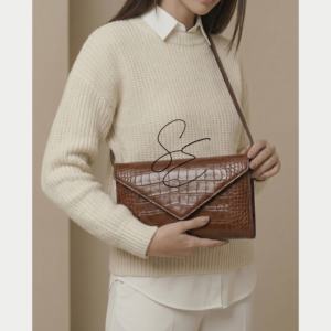 Sac bandoulière en cuir véritable gaufré croco marron pour femme, sac à fermeture à bouton-pression, sac enveloppe OEM ODM - Product Image 3