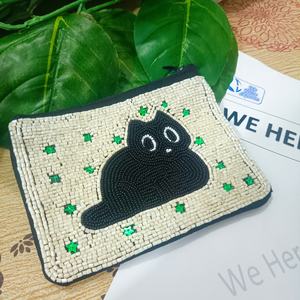 Handmade <b>Stitched</b> Beaded Cat Coin Pouch Storage Bag Single Compartment Black Beads White Eyes Artisan <b>Charm</b> Durable American - Product Image 6