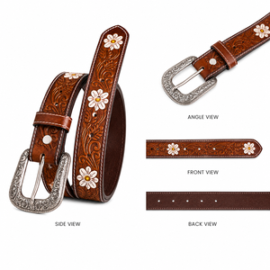 Premium Handcrafted Genuine <b>Leather</b> Belt for Men Floral <b>Tooled</b> Belt with Daisy Concho Accents - Product Image 2