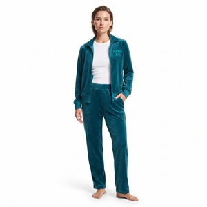 Ensemble deux pièces en velours pour femme, coupe classique, survêtement en velours avec veste zippée et pantalon assorti, fabricant en gros - Product Image 5