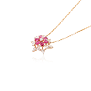 18K <b>Solid</b> Yellow <b>Gold</b> Floral Ruby <b>Pendant</b> Necklace - Product Image 6