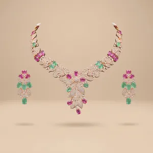 Collier de luxe en or rose avec zircone cubique, bijoux étincelants en CZ pour mariage, fiançailles et robes de soirée, vente en gros - Product Image 2
