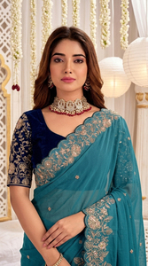 Sari en soie turquoise avec broderie dorée et chemisier noir, tenue de mariage traditionnelle indienne et pakistanaise pour femme, longueur au sol, protection solaire intégrale - Product Image 4
