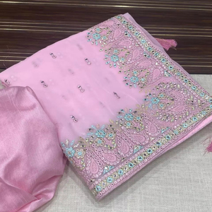 Tissu Georgette doux à bas prix le plus vendu Multi Séquence & Travail de la pierre Longue longueur Saree pré-drapé pour vêtements de fête - Product Image 1