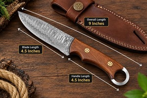 Cuchillo de caza de hoja fija de acero de Damasco hecho a mano, punta caída, mango de madera, DIY, 9 pulgadas de longitud total, OEM, multifuncional - Product Image 3