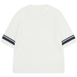 Camiseta de punto de ganchillo con rayas en contraste, blanca, de manga corta, tejido texturizado, informal de verano, transpirable, con cuello redondo. - Product Image 1