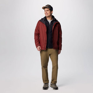 <b>Men's</b> Burgundy Hooded <b>Waterproof</b> Puffer <b>Jacket</b> Casual Outdoor Zipper Closure Polyester Shell Autumn Wear Windbreaker - Product Image 2