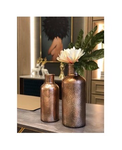 Modern Dimpled Rose <b>Gold</b> Vases <b>Set</b> of 2 - Textured Metal Apothecary Decorative Tabletop Vase Pair for Faux Flowers Wedding Gift - Product Image 2