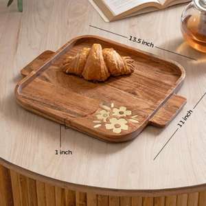 Bandeja de madera rectangular hecha a mano con diseño de flores grabadas, platos de diseño tradicional chino a un precio razonable por UO INDIA. - Product Image 2