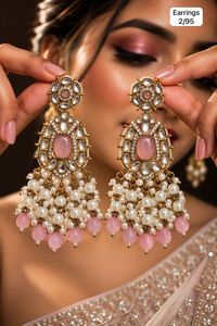 Pendientes colgantes estilo candelabro Kundan, imitación de perlas, latón chapado en oro, diseño floral, joyería moderna para mujer, para fiestas y bodas - Product Image 2