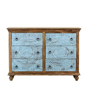 Commode à six tiroirs en bois de manguier sculpté à la main, écologique, bleu rustique, avec motif mandala, meuble de rangement pour salon - Product Image 1