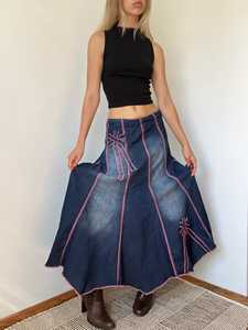 Women's Denim Maxi <b>Skirt</b> Asymmetric <b>Patchwork</b> Embroidery A-Line Loose Fit Stonewashed Cotton Casual Autumn Wear - Product Image 5