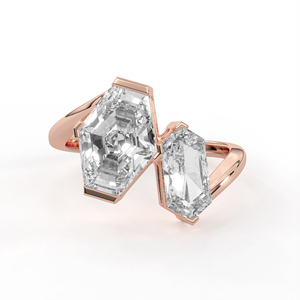 14K 18K Yellow Gold Lab Grown Diamond <b>Ring</b> Hexagon Kite Cut Avant Garde Geometric <b>Two</b> <b>Stone</b> Toi Et Moi Partial Bezel Jewelry - Product Image 2