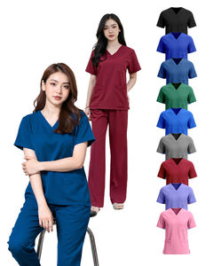 Ensemble de tenues médicales en spandex tricoté unisexe, col en V, extensible, pour infirmières, pantalon de jogging et haut, personnalisable pour hôpital - Product Image 1