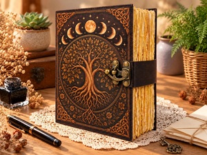 Herb Heritage Large Hardcover Leather Grimoire Tree <b>Life</b> Notebook Celestial Spell <b>Book</b> Sewing Bound Water Color Vintage Old Page - Product Image 4