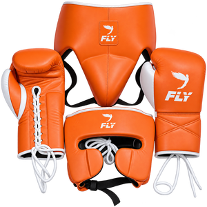 Fly Leather Boxing Gear Set Orange Lace Up Gloves Headgear <b>Groin</b> <b>Protector</b> for Adults - Product Image 1