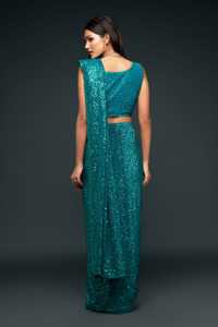 Sari de Georgette de Lujo con Bordado de Lentejuelas Azul Turquesa Moderno para Fiesta de Cóctel de Invierno, Estilo Tradicional Indio, Venta al por Mayor - Product Image 4