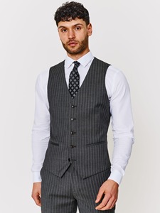 Costume 3 pièces gris à fines rayures pour homme, coupe ajustée, blazer simple boutonnage, gilet, costumes d'affaires en laine, col cranté, longueur standard - Product Image 5
