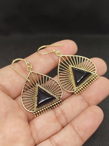 Gold Plated Brass Earrings with Black Onyx | Trendy Women's Wedding Statement | Jaipur Manufacturer - Product Image 3
