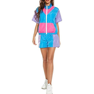 Conjunto Deportivo de 2 Piezas para Mujer, Chaqueta Cortavientos con Bloques de Color, Manga Corta, Cierre Frontal con Cremallera, Cintura Elástica - Product Image 5