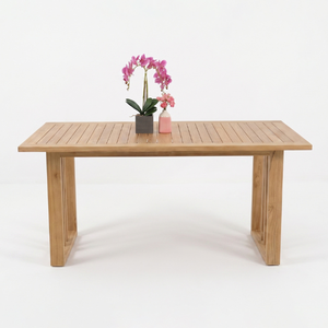 Table de salle à manger rectangulaire moderne Felcia, best-seller, pour l'extérieur, avec plateau en bois de teck naturel à lattes, pour usage hôtelier - Product Image 4
