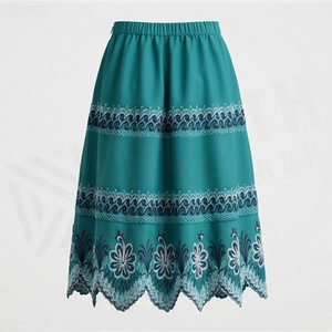 Jupe bohème pour femme, coupe trapèze, longueur genou, avec broderie florale faite à la main, taille élastique, tissu en mousseline - Product Image 2