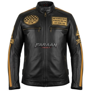 Black Tan Canvas Genuine Leather Motorcycle <b>Jacket</b> Retro Racing Stripe Design Cafe <b>Racer</b> Custom Patch Letter Riding Outerwear - Product Image 5