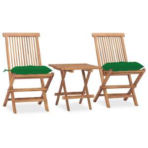 Ensemble de 2 tables de salle à manger en bois naturel avec coussins verts, meubles d'extérieur pour jardin - Product Image 1