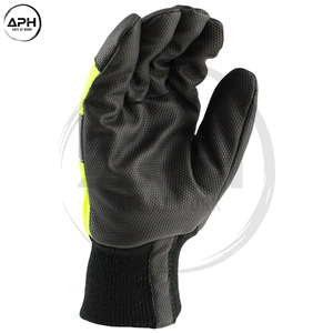 High Visibility Yellow Fabric Black Synthetic Leather Palm Work <b>Gloves</b> Reflective Strip Knit Elastic Wrist Mechanics Hand <b>Gloves</b> - Product Image 3