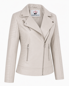 Women Ivory Faux Leather <b>Biker</b> <b>Jacket</b> Asymmetric Zip Quilted Panels Lapel Collar Slim Fit Casual Streetwear Fashion Outerwear - Product Image 1