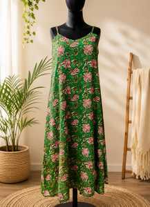 Robe midi vintage à imprimé floral en coton 100% pour femmes, taille naturelle, bretelles spaghetti |   Silhouette évasée respirante et écologique - Product Image 2