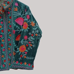 Hand Embroidered <b>Velvet</b> Mandarin Collar <b>Jacket</b> <b>Women</b> Autumn Full Sleeve Floral Pattern Pullover Style Prairie Chic - Product Image 3