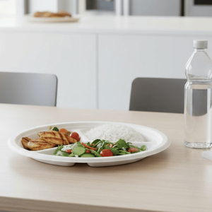 Plato Desechable de Bagazo de 9 Pulgadas con 3 Compartimentos |   Plato Ecológico de Caña de Azúcar |   Plato Thali Compostable |   Placa de Acero de Alta Resistencia - Product Image 1