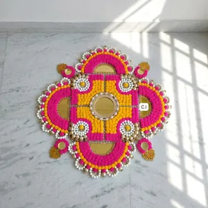 Traditional Cotton Rangoli Decoration Pink Yellow Mirror Design Wedding Decor - Product Image 3