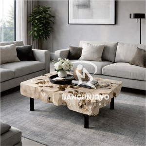 Mesa de Centro Moderna Minimalista Multifuncional Hecha a Mano con Madera Sólida y Patas de Metal, Acabado Natural para Sala de Estar - Product Image 1