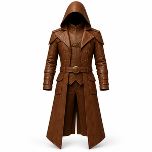 Manteau long en cuir marron vintage pour homme, style gothique, avec capuche, style steampunk, ceinture ajustable à la taille, vente en gros personnalisée - Product Image 1