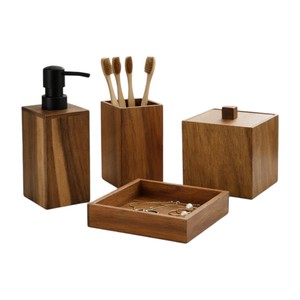 Nordic Style Handmade Eco-Friendly Wooden Four-piece Bathroom <b>Set</b> Elegant Liquid <b>Soap</b> Dispenser Toothbrush Cup Stand <b>Soap</b> Tray - Product Image 1
