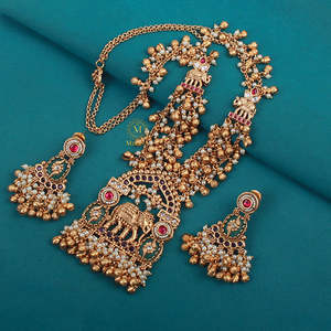 Gamini Antique Gold Plated Zircon Beaded Long Necklace & Earring Set for Festival Bridal - Product Image 1