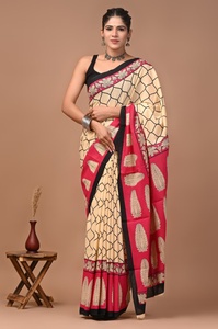 Sari BAGRU BLOCK de Algodón Mulmul con Estampado a Mano Indio - Sari Tradicional Sostenible y Suave para Mujer, Ideal para Bodas y Playa - Product Image 3