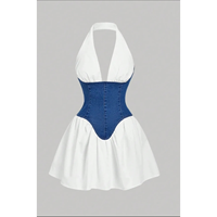 Robe midi en jean bicolore à col en V, style corset, également appelée robe skater patchwork multi-matériaux, streetwear d'été
